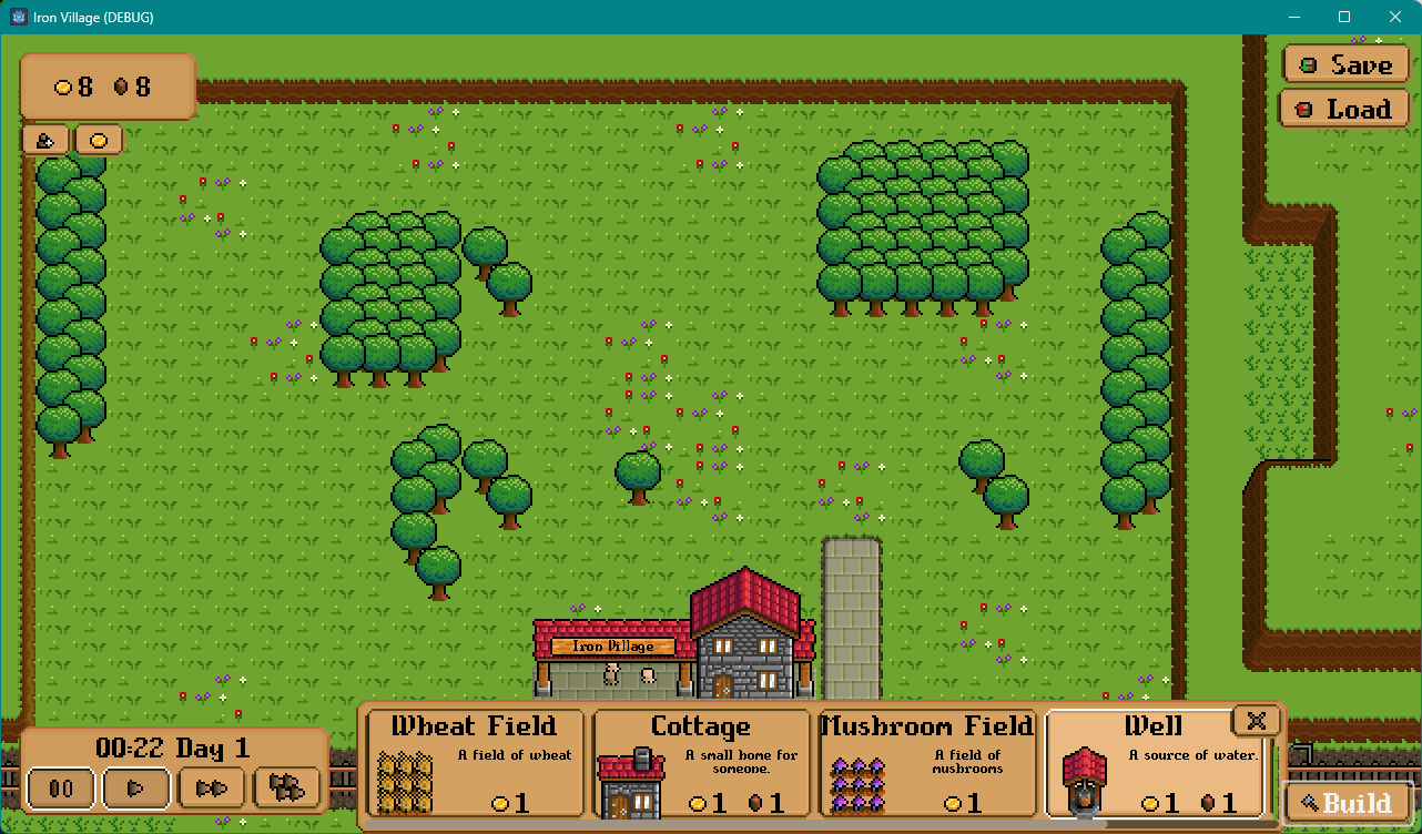 A screenshot of Iron Village, with the build menu open. The buttons have preview images and costs now.